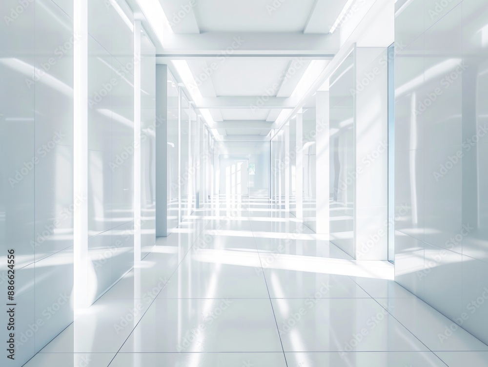 A long hallway with white walls and flooring A long hallway with white walls and flooring