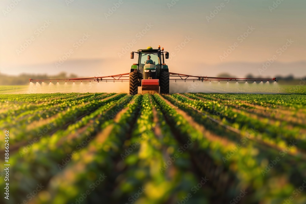 Tractor sprays fertilizer on green cornfield with white sprayers, creating intricate network. Trees line up in distance with rustling leaves. Eco-friendly agricultural methods promote crop growth. Tractor sprays fertilizer on green cornfield with white sprayers, creating intricate network. Trees line up in distance with rustling leaves. Eco-friendly agricultural methods promote crop growth.