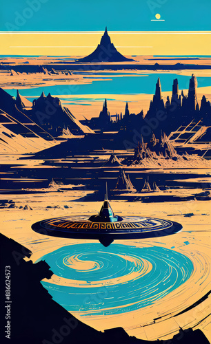 Art poster style sci-fi scene illustration with a UFO hovering over a whirlpool of water on a sandy planet 