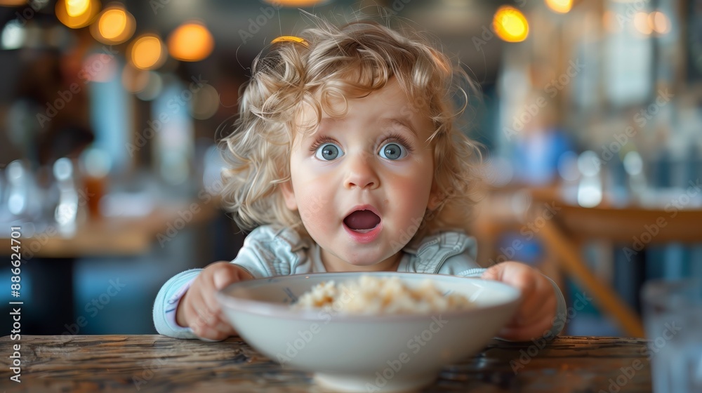 A young child with curly hair sits at a wooden table, facing a bowl of food with an expression of surprise. A young child with curly hair sits at a wooden table, facing a bowl of food with an expression of surprise.