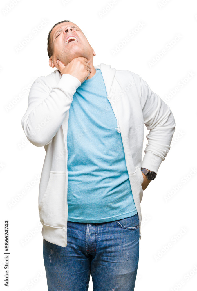 Middle age arab man wearing sweatshirt over isolated background Touching painful neck, sore throat for flu, clod and infection Middle age arab man wearing sweatshirt over isolated background Touching painful neck, sore throat for flu, clod and infection