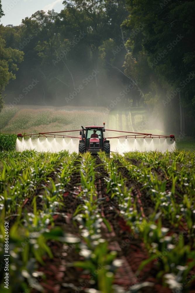 Red tractor sprays water on cornfield creating misty atmosphere. Tractor moves towards right side of image with trees in background partially obscured by fog. Red tractor sprays water on cornfield creating misty atmosphere. Tractor moves towards right side of image with trees in background partially obscured by fog.