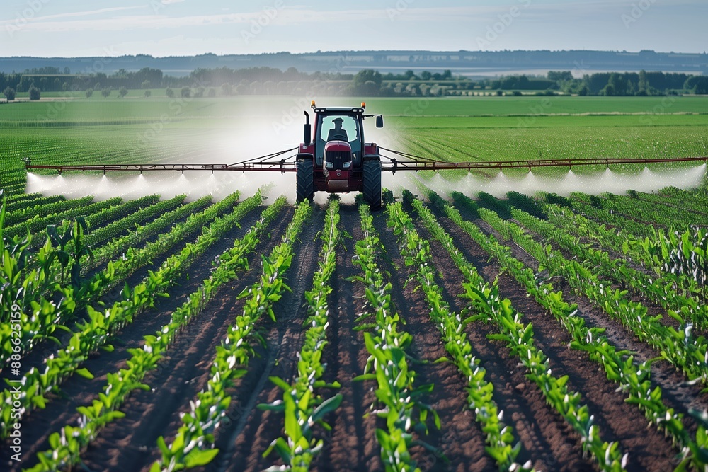 Obraz premium Red tractor sprays water on green crops. Tractor moves towards right side of frame. Trees and houses in background provide depth. Agricultural scene with farm equipment and nature.
