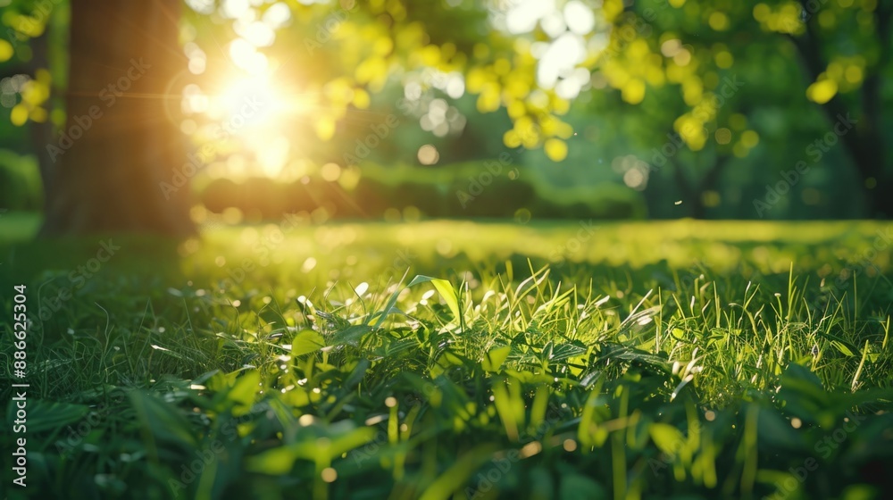 Fototapeta premium green manicured lawn and green forest tree at background.