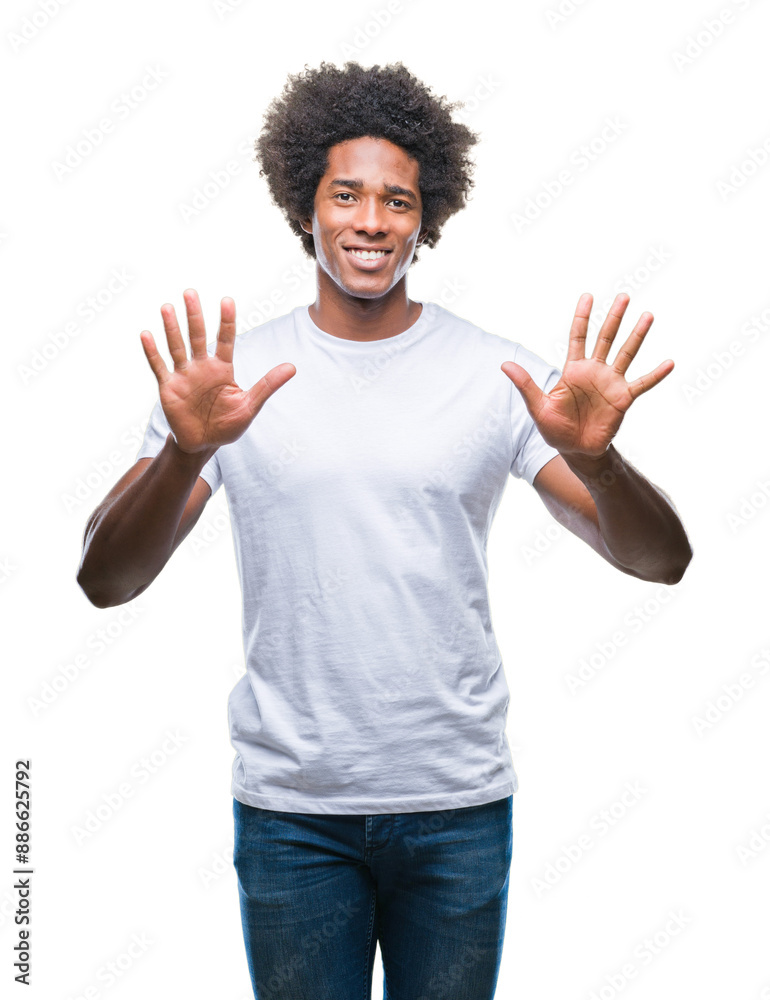 Afro american man over isolated background showing and pointing up with fingers number ten while smiling confident and happy. Afro american man over isolated background showing and pointing up with fingers number ten while smiling confident and happy.