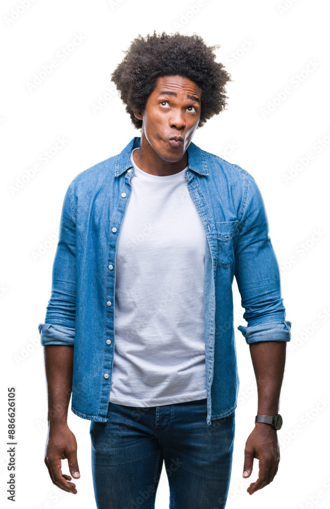 Afro american man over isolated background making fish face with lips, crazy and comical gesture. Funny expression.