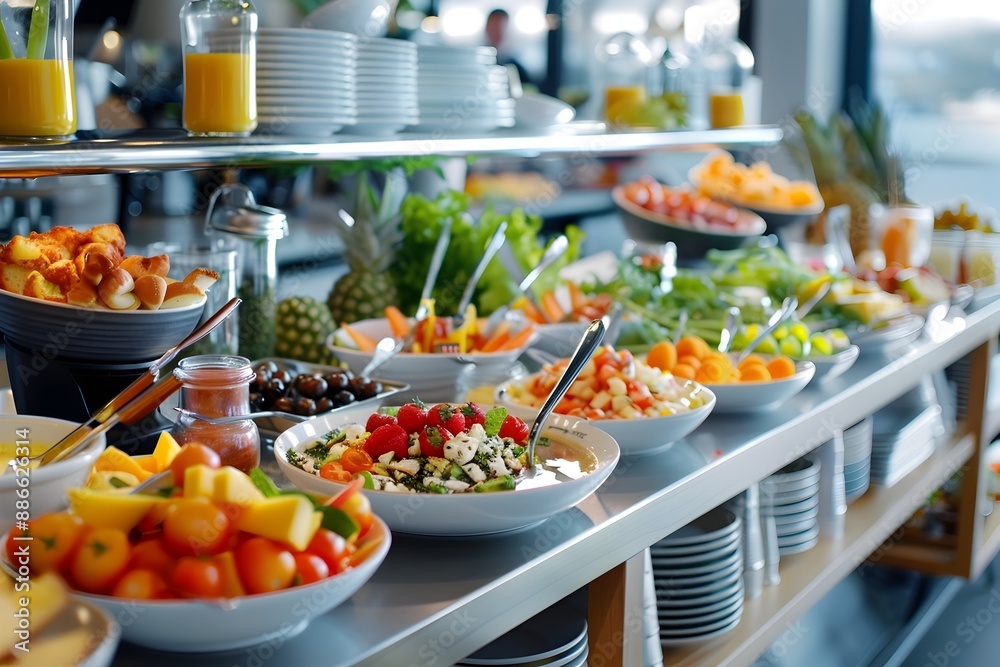 Diverse breakfast buffet with a variety of delicious dishes and food items arranged on a hotel or restaurant table Diverse breakfast buffet with a variety of delicious dishes and food items arranged on a hotel or restaurant table