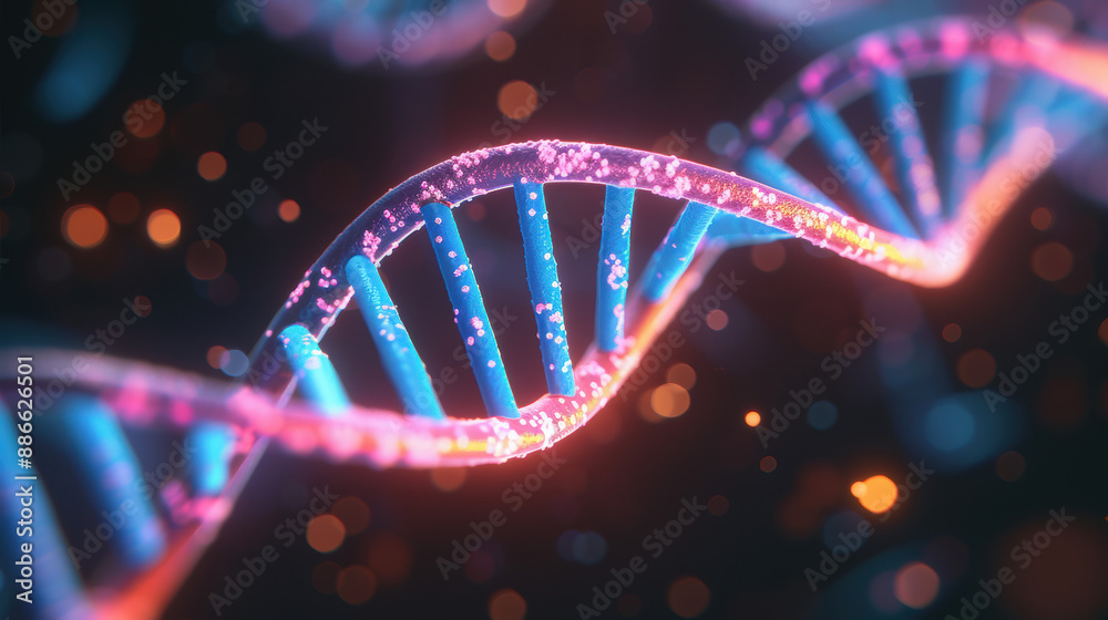 Vibrant illustration of a DNA double helix structure, showcasing scientific, biological, and genetic concepts with colorful light effects. Vibrant illustration of a DNA double helix structure, showcasing scientific, biological, and genetic concepts with colorful light effects.