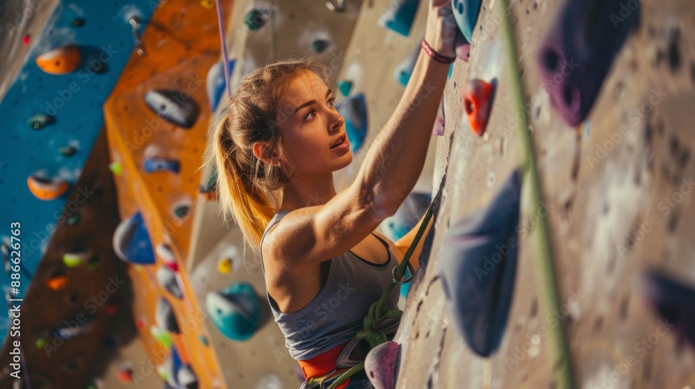 Obraz premium A female indoor rock climber demonstrates strength and skill as she ascends a climbing wall, highlighting her muscular build