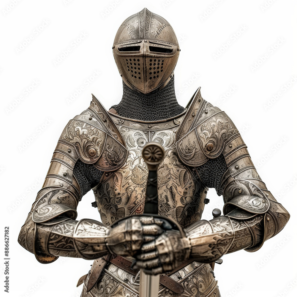 A knight in ceremonial armor, with intricate engravings and a polished finish, holding a ceremonial sword, isolated on white background. A knight in ceremonial armor, with intricate engravings and a polished finish, holding a ceremonial sword, isolated on white background.