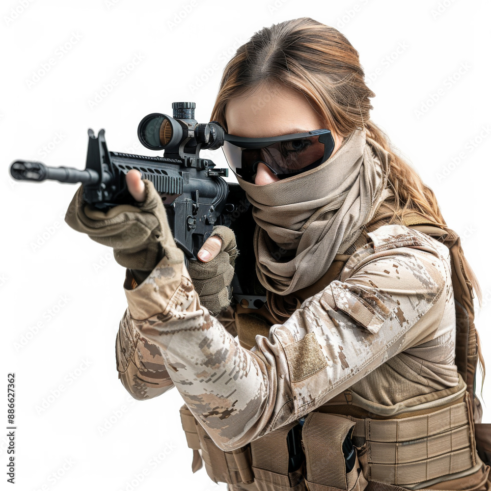 © wolfhound911 - A female sniper in urban combat gear, aiming through a precision sniper rifle with a steady hand, isolated on white background © wolfhound911 - A female sniper in urban combat gear, aiming through a precision sniper rifle with a steady hand, isolated on white background