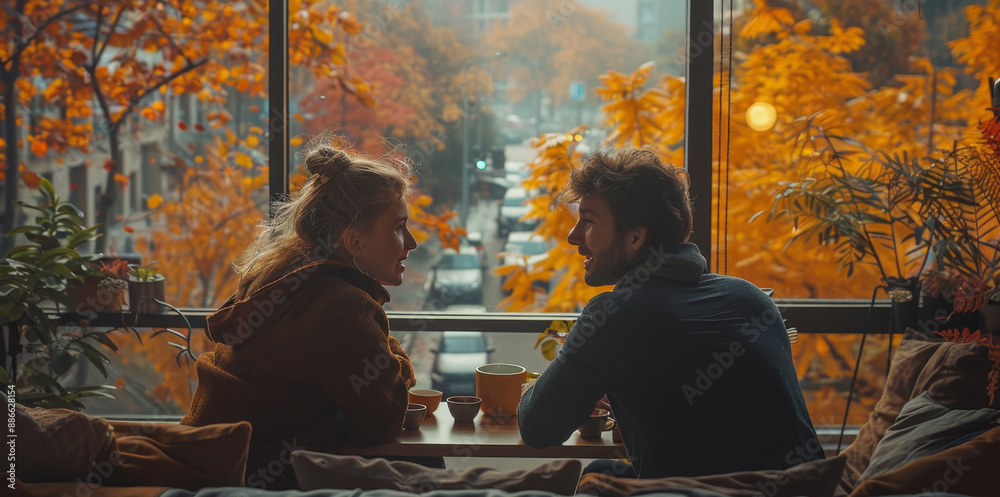 A couple sits at a table in a cafe window seat, enjoying a conversation while looking out at the fall foliage. A couple sits at a table in a cafe window seat, enjoying a conversation while looking out at the fall foliage.