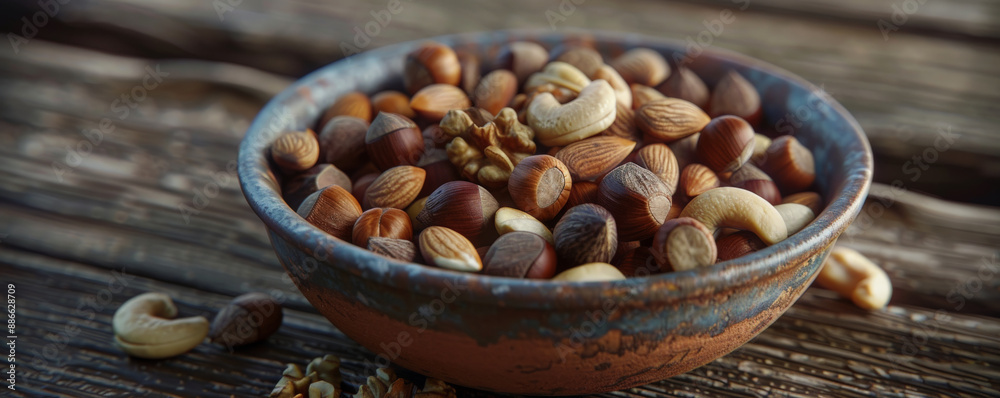 A detailed shot of a selection of mixed nuts, including hazelnuts, Brazil nuts, and cashews, in a ceramic dish on a polished wooden table. The varied textures and colors create a visually appealing A detailed shot of a selection of mixed nuts, including hazelnuts, Brazil nuts, and cashews, in a ceramic dish on a polished wooden table. The varied textures and colors create a visually appealing