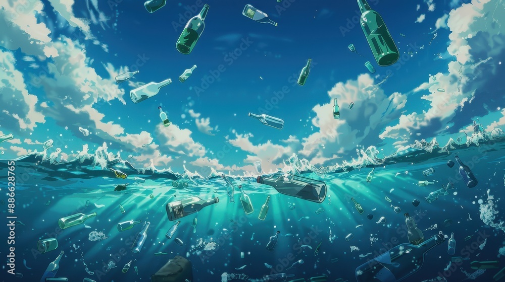 Fototapeta premium Ocean Pollution: A Depiction of Bottles Falling from the Sky