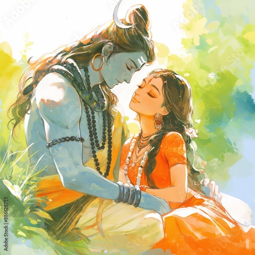 Watercolor illustration of a shiva and parvati.  photo