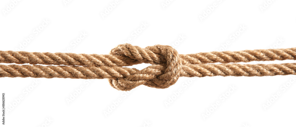 Hemp rope with square knot on white background