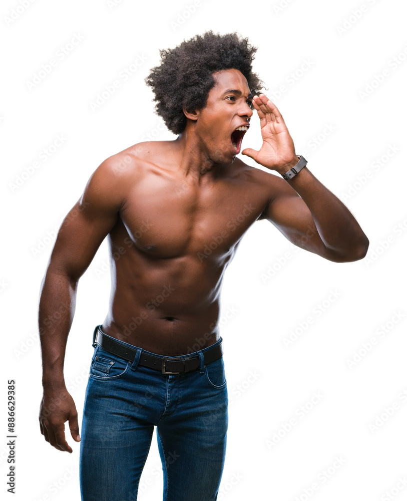 Naklejka premium Afro american shirtless man showing nude body over isolated background shouting and screaming loud to side with hand on mouth. Communication concept.