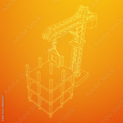 Construction crane tower. Building under construction industrial concept. Wireframe low poly mesh vector illustration.