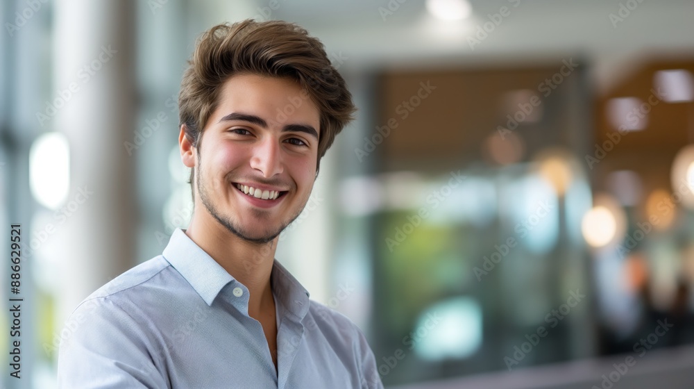 Confident Young Western European Man Smiling in Modern Office Environment, Ideal for Corporate and Professional Use Confident Young Western European Man Smiling in Modern Office Environment, Ideal for Corporate and Professional Use