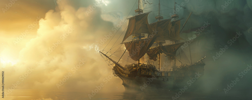 Fototapeta premium A steampunk pirate ship with brass cannons, mechanical sails, and a crew of pirates in Victorian attire. The ship is sailing on a misty sea at sunrise.