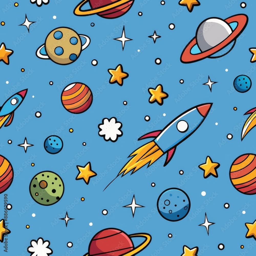 Immerse in the vibrant beauty of outer space, adorned with planets and a rocket. Seamless pattern. Immerse in the vibrant beauty of outer space, adorned with planets and a rocket. Seamless pattern.