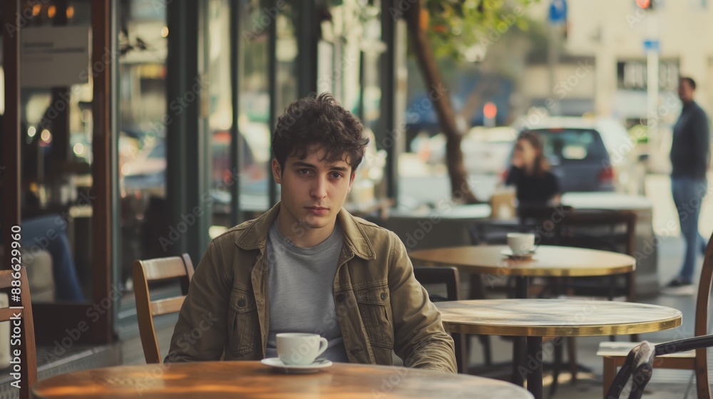 Young Jewish Man in His Early Twenties Enjoying Coffee Outdoors at a Cafe, Urban Background Young Jewish Man in His Early Twenties Enjoying Coffee Outdoors at a Cafe, Urban Background