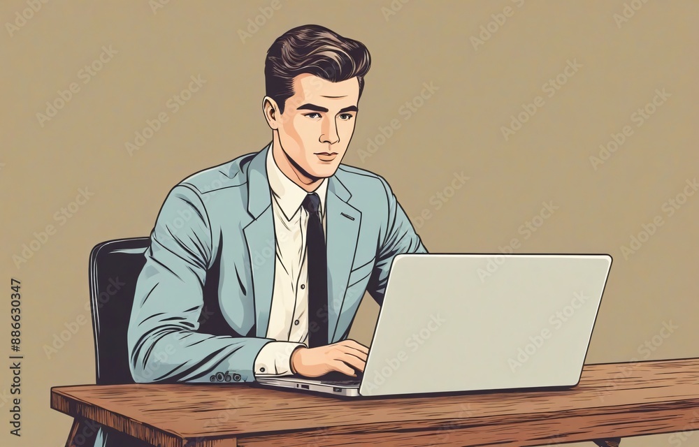 A handsome businessmen busy working on a laptop at wood table office, Hand drawn style illustration, Vintage concept