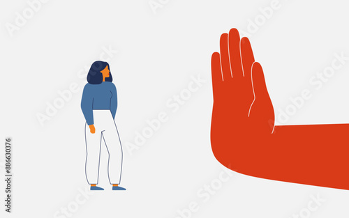 Discrimination for women. Human hand showing stop gesture for Caucasian or asian woman. Restriction for female rights in social life and business. Domestic violence concept. Vector illustration