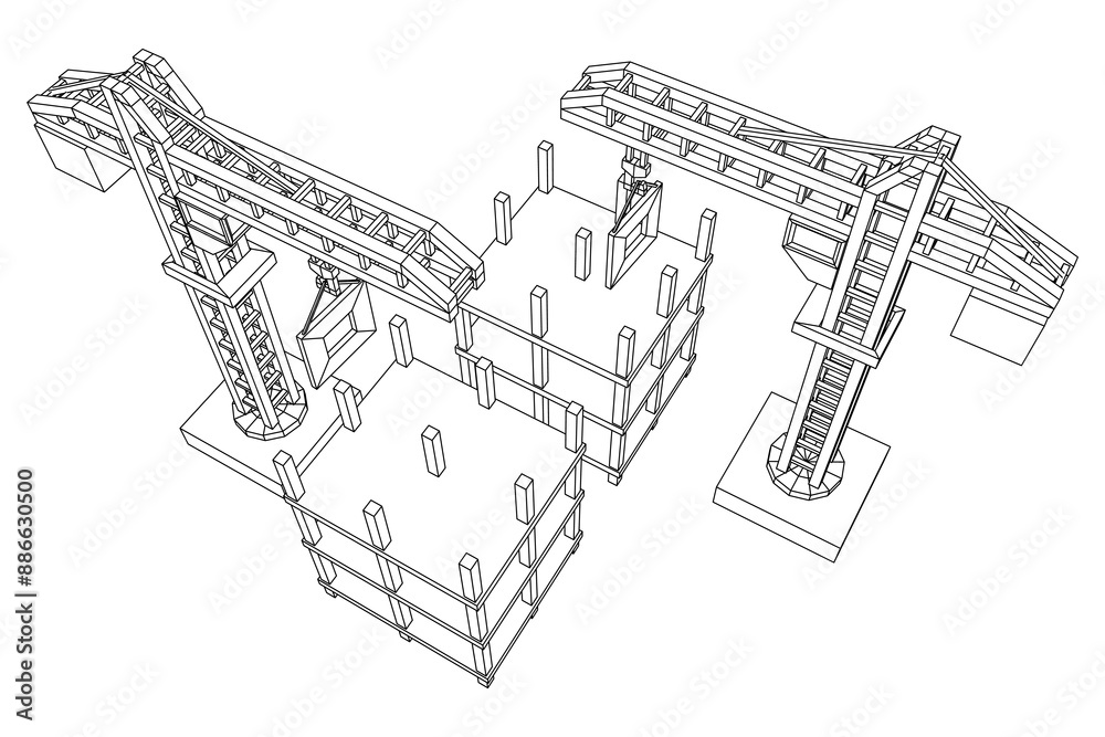 Fototapeta premium Construction crane tower. Building under construction industrial concept. Wireframe low poly mesh vector illustration.