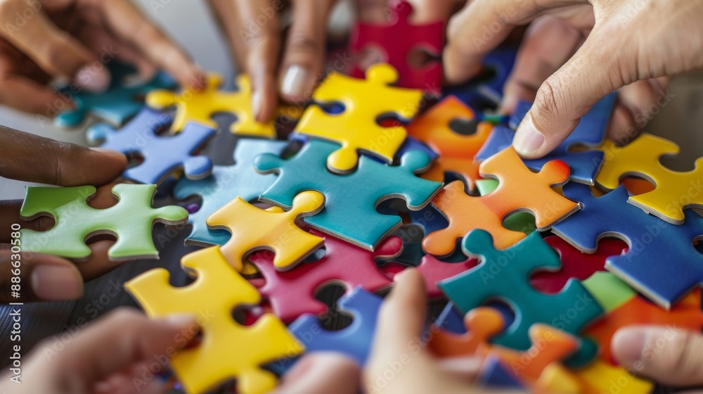 people putting together a puzzle. teamwork concept people putting together a puzzle. teamwork concept