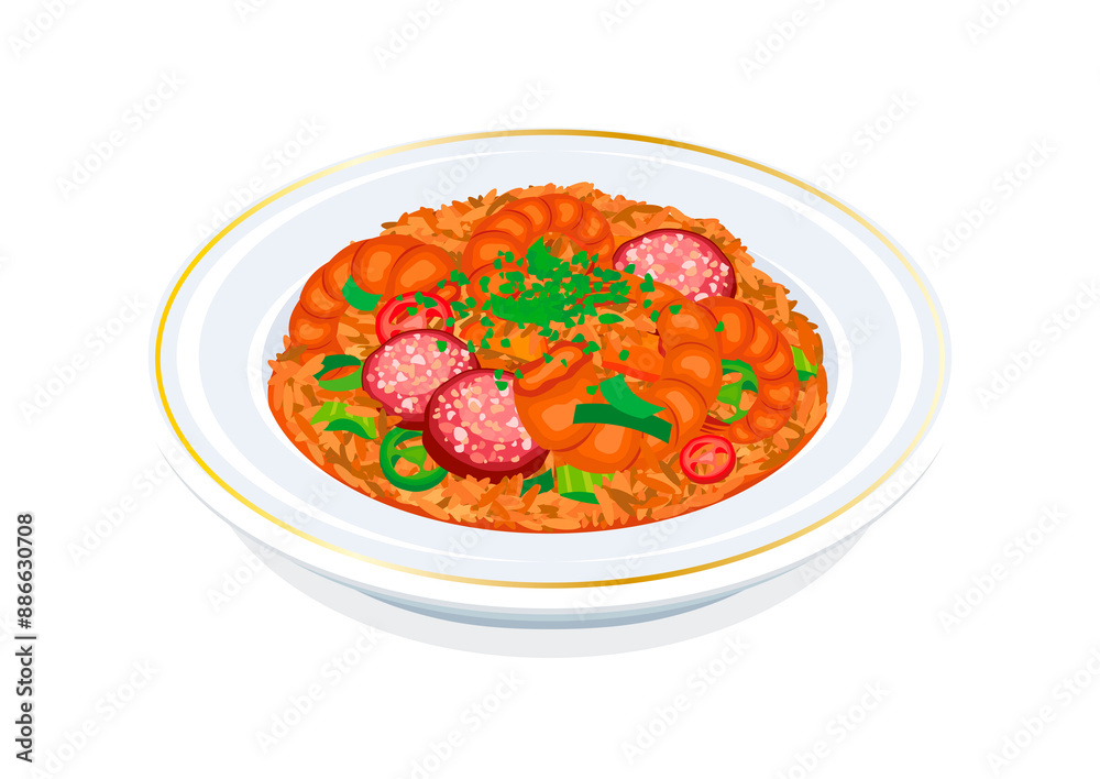 Jambalaya dish with shrimp, sausage and rice illustration. Plate of Jambalaya with vegetables, sausage, and shrimp icon isolated on a white background. Classic meal in Louisiana Jambalaya dish with shrimp, sausage and rice illustration. Plate of Jambalaya with vegetables, sausage, and shrimp icon isolated on a white background. Classic meal in Louisiana