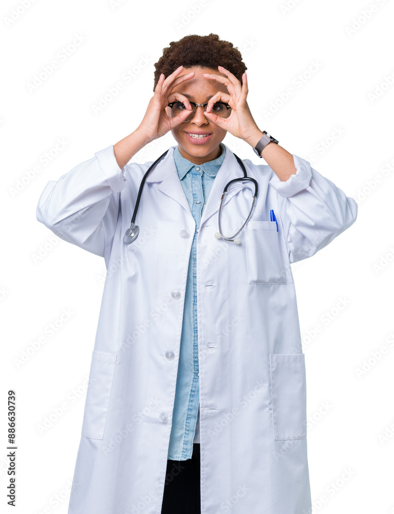 Young african american doctor woman wearing medical coat over isolated background doing ok gesture like binoculars sticking tongue out, eyes looking through fingers. Crazy expression. Young african american doctor woman wearing medical coat over isolated background doing ok gesture like binoculars sticking tongue out, eyes looking through fingers. Crazy expression.