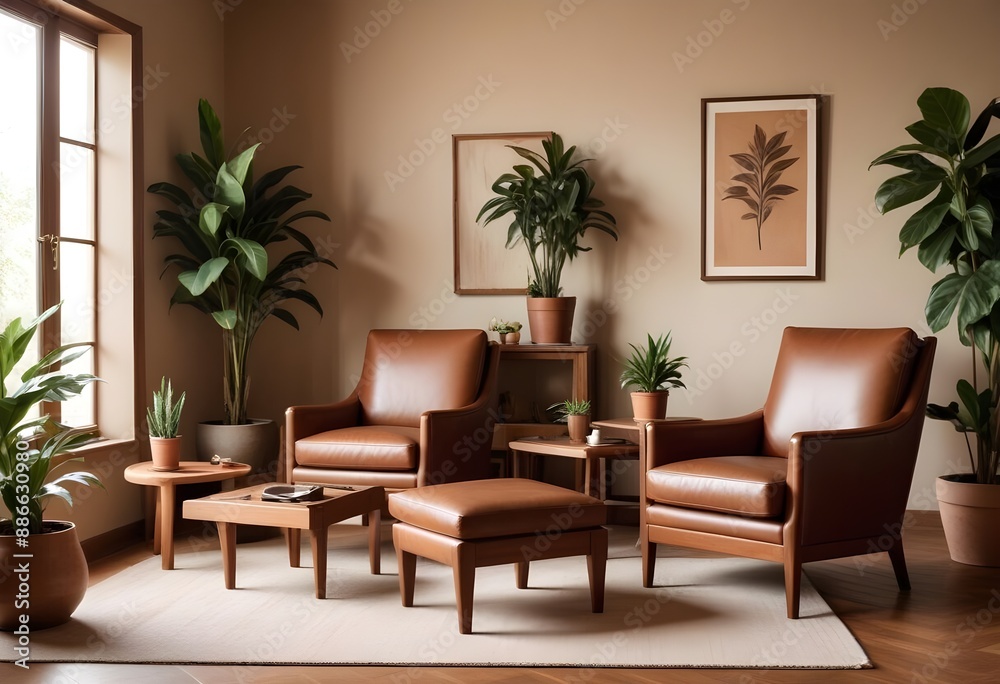 Modern minimalistic living room interior mockup empty brown wall with chairs side table and plants. Generative AI