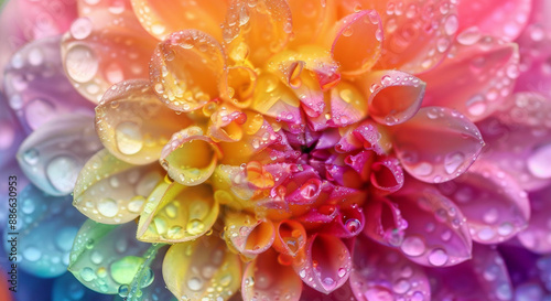 Dahlia flower macro water droplet shot  Shallow depth of field. Colorful chrysanthemum flower macro shot. Summer and spring multi-color floral background © Rifqi