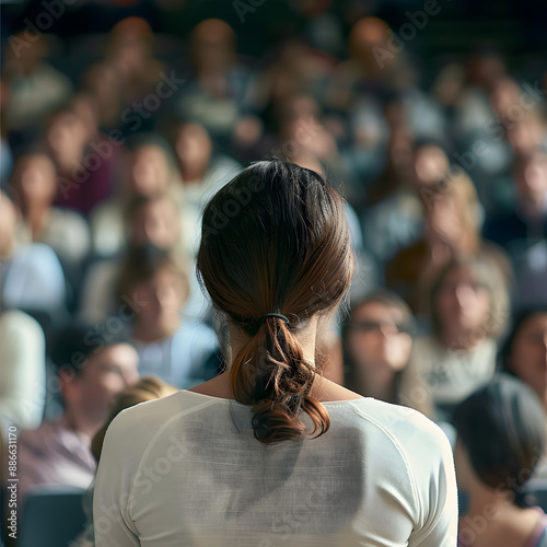 business and entrepreneurship symposium. female speaker giving a talk at business meeting. audience in conference hall. rear view of unrecognized participant in audience isolated on white background © Pixel Prophet