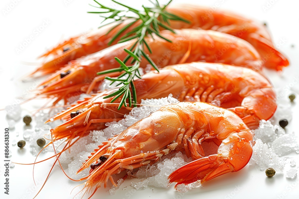 A white plate topped with shrimp next to a sprig of rosemary A white plate topped with shrimp next to a sprig of rosemary