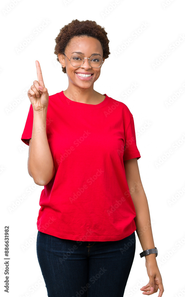 Beautiful young african american woman wearing glasses over isolated background showing and pointing up with finger number one while smiling confident and happy. Beautiful young african american woman wearing glasses over isolated background showing and pointing up with finger number one while smiling confident and happy.