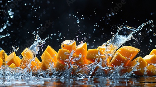 Close up of Haden mango slices making a dynamic splash in water with droplets frozen mid-air on a black background Stock Photo with copy space photo