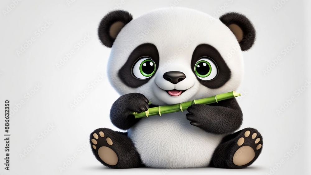 Naklejka premium Cute cartoon style panda eating bamboo while sitting with a content smile and big sparkling eyes on white background, 3D cartoon character image clipart
