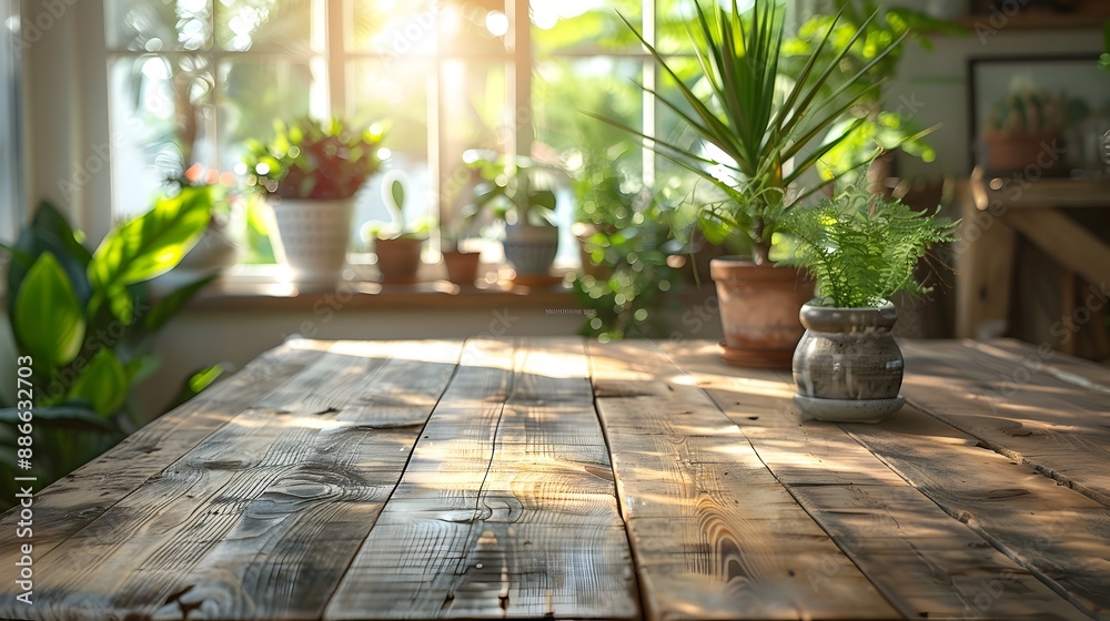 Rustic Wooden Table in Bright Airy Room Showcasing Handmade Pottery and Plants Rustic Wooden Table in Bright Airy Room Showcasing Handmade Pottery and Plants
