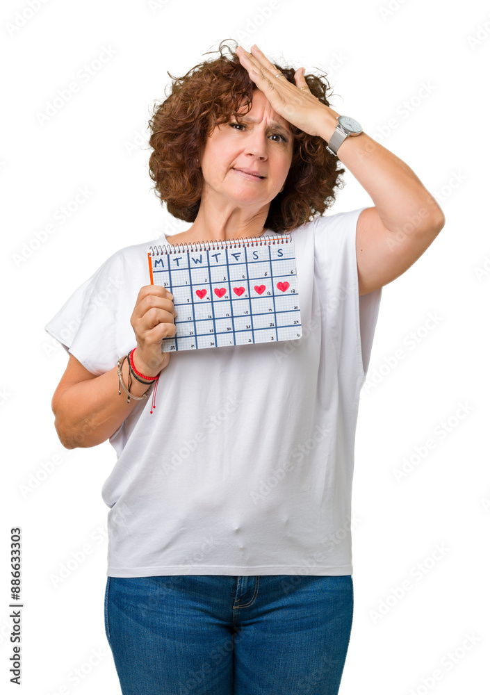 Middle ager senior woman holding menstruation calendar over isolated background stressed with hand on head, shocked with shame and surprise face, angry and frustrated. Fear and upset for mistake. Middle ager senior woman holding menstruation calendar over isolated background stressed with hand on head, shocked with shame and surprise face, angry and frustrated. Fear and upset for mistake.