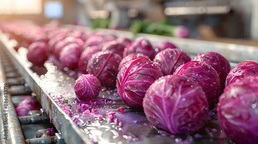 view of red cabbage on conveyor belt of sorting production line at the ...