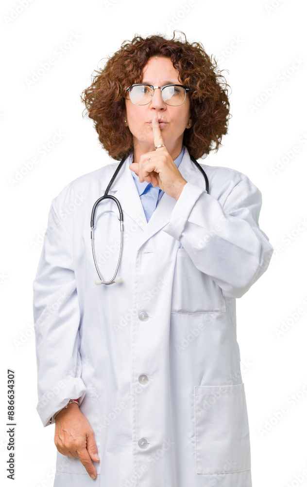 Middle ager senior doctor woman over isolated background asking to be quiet with finger on lips. Silence and secret concept. Middle ager senior doctor woman over isolated background asking to be quiet with finger on lips. Silence and secret concept.