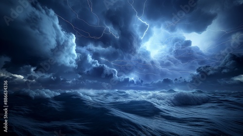 A 3D depiction of a severe storm forming over the ocean, with towering clouds, lightning, and rough seas, highlighting extreme weather events due to climate change.