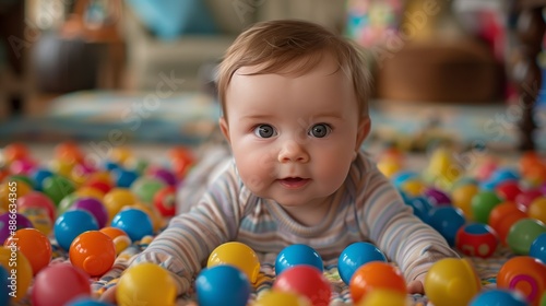 A young child lies on a carpeted floor amidst a scattering of vibrant, multicolored play balls and various toys.