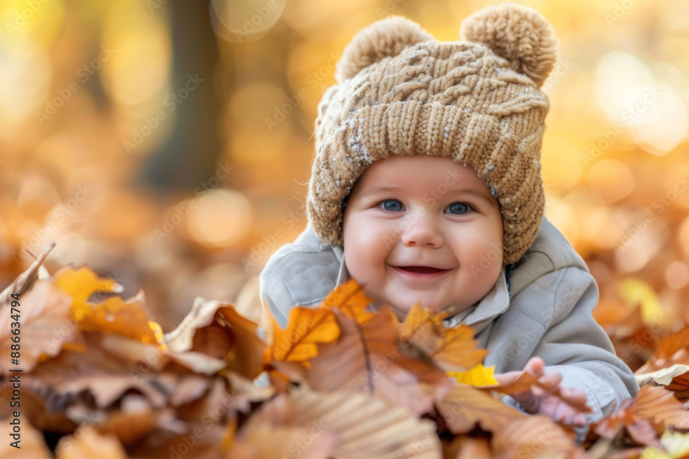 Little baby stretched out on the ground surrounded by autumn leaves