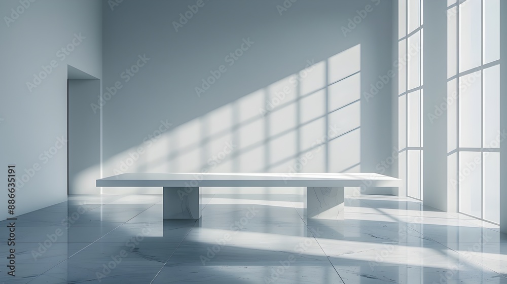Fototapeta premium Minimalist White Glossy Table in Soft Lit Modern Interior for Luxury Skincare Product Display