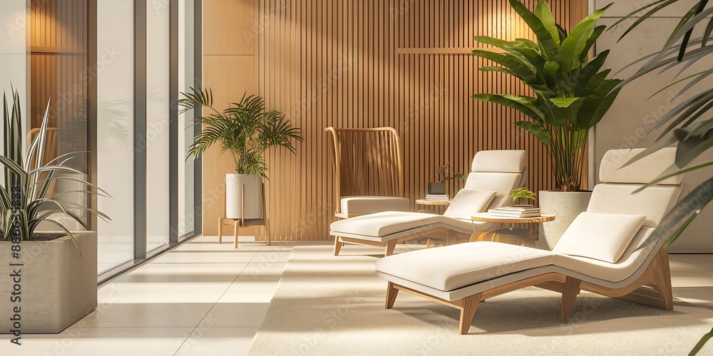 Fototapeta premium living room with furniture, Office Wellness Room A dedicated wellness room in the office, with comfortable seating, calming decor, and amenities for relaxation and mental well-being.