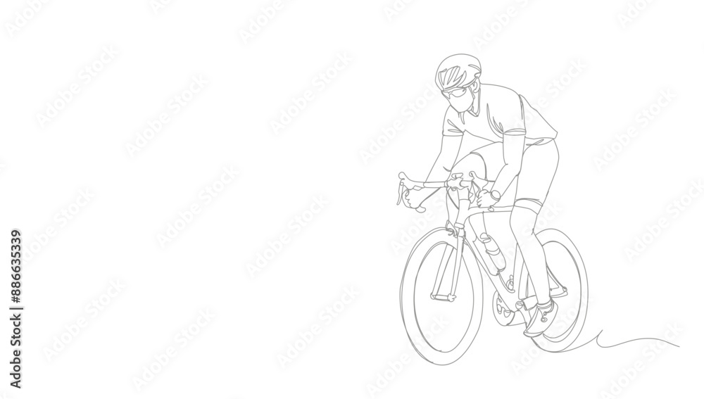 Fototapeta premium Man riding racing bike wear helmet continuous line drawing. Fitness and sport concept. Vector illustration minimalist design hand drawn. Bicycle sport illustration for background.