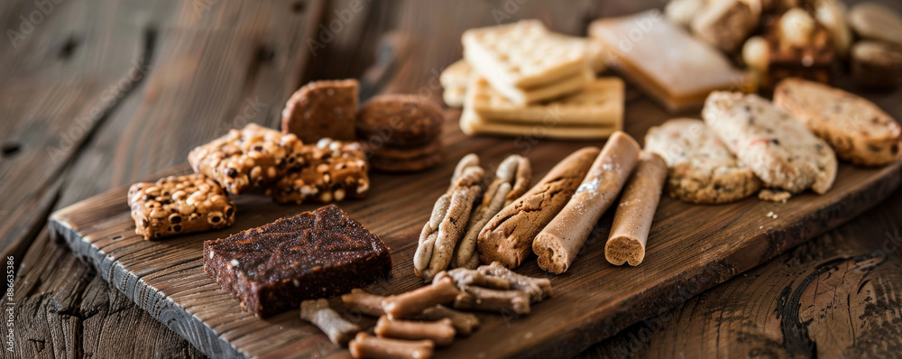 A macro view of a spread of different pet treats, including biscuits and chew sticks, arranged on a vintage wooden board. The natural hues of the treats complement the aged wood. A macro view of a spread of different pet treats, including biscuits and chew sticks, arranged on a vintage wooden board. The natural hues of the treats complement the aged wood.